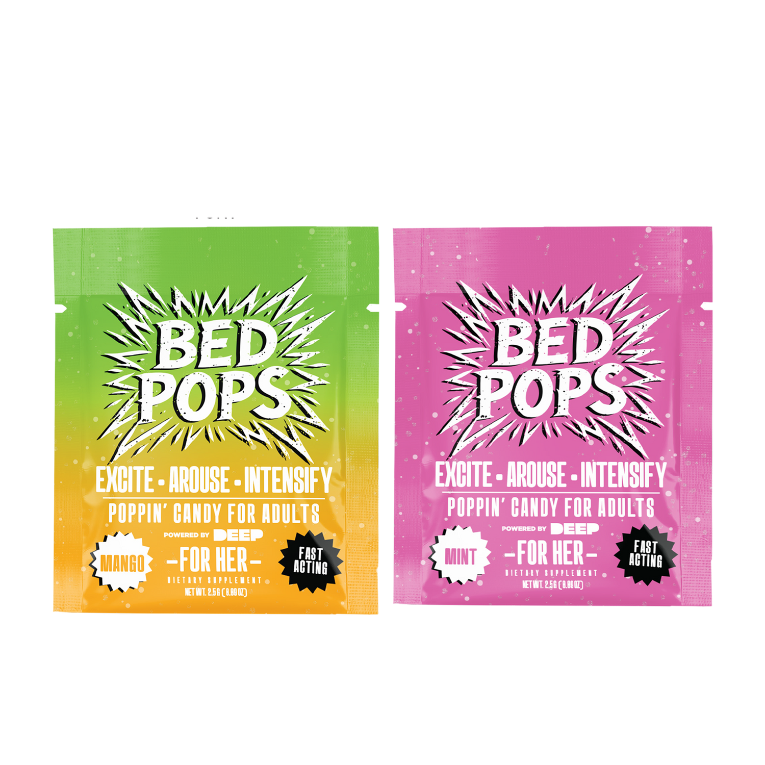Two Bed Pops for Her adult candy pouches in mango and mint packaging