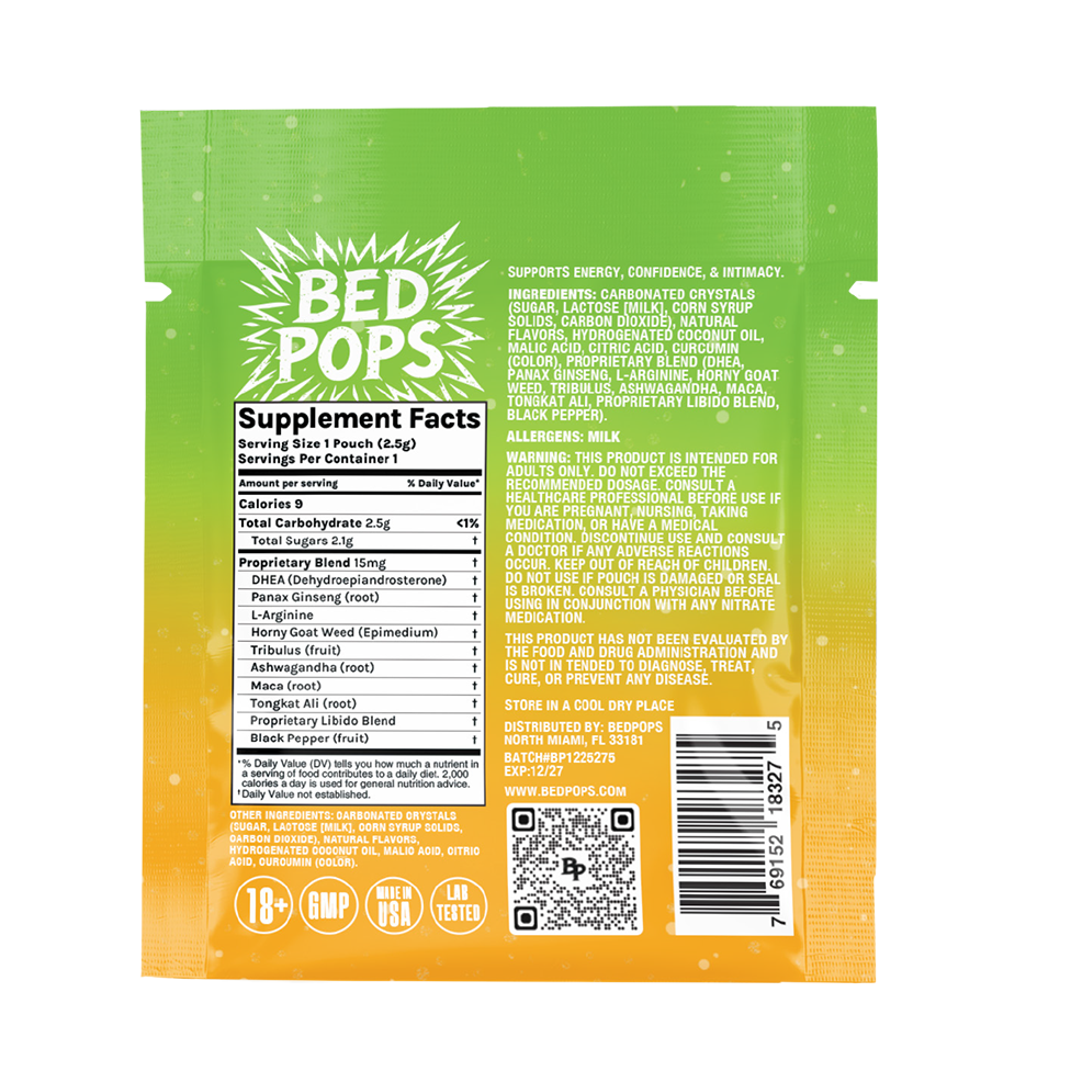Back of Bed Pops for Her mango pouch showing supplement facts and product information