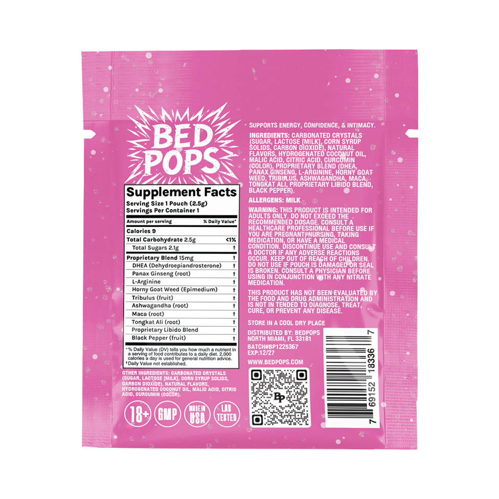 Back of Bed Pops for Her mint pouch showing supplement facts and product information