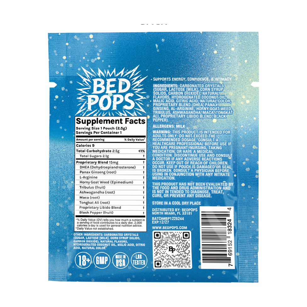 Back of Bed Pops for Him blue razz pouch showing supplement facts and product information