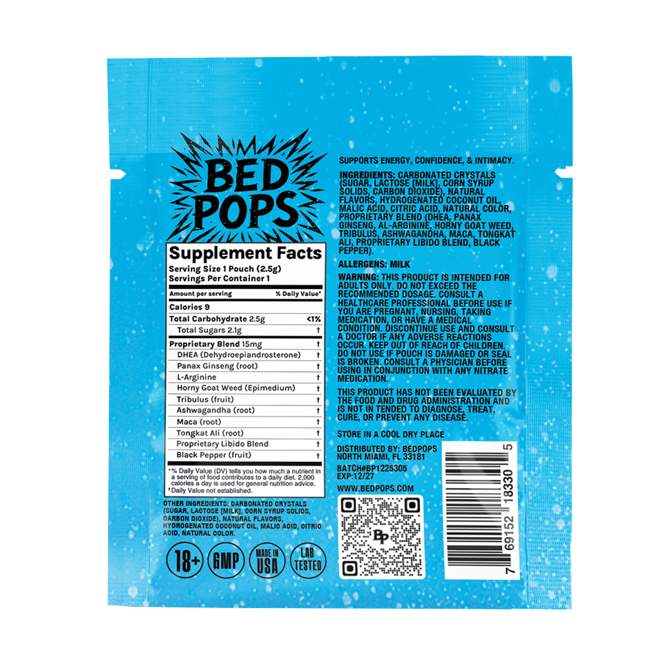 Back of Bed Pops for Him mint pouch showing supplement facts and product information