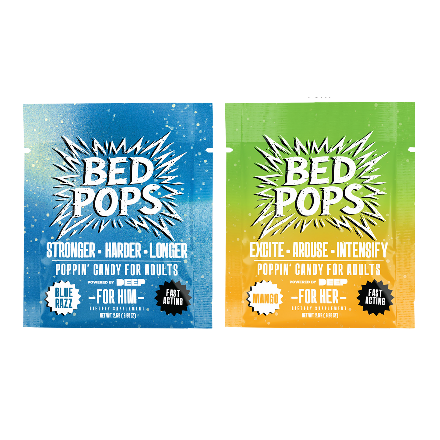 Bed Pops Couples Mix with For Him blue razz and For Her mango pouches