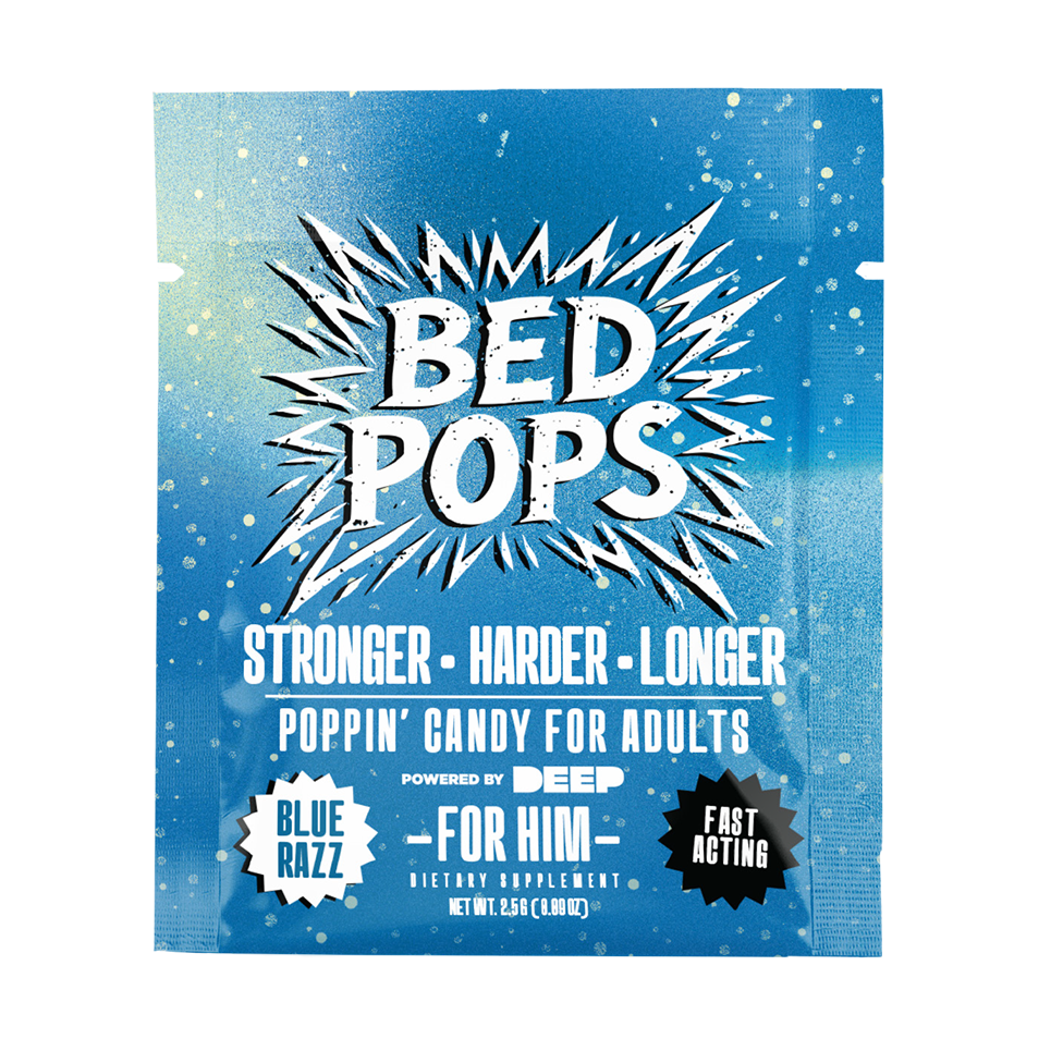 Bed Pops for Him blue razz adult candy pouch front packaging