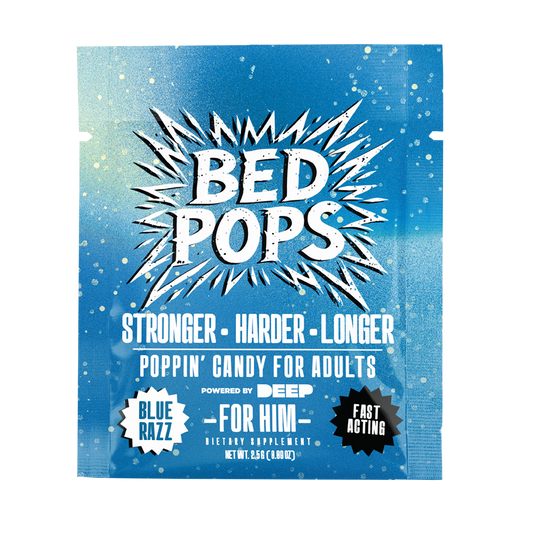 Bed Pops for Him blue razz adult candy pouch front packaging