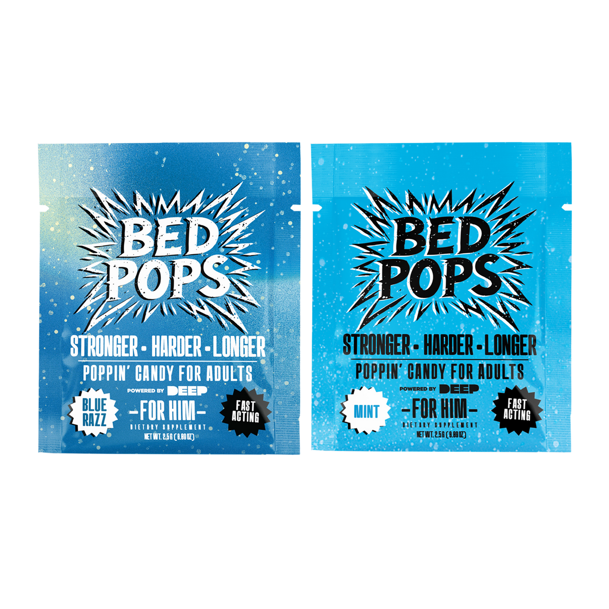 Two Bed Pops for Him mint and blue razz adult candy pouches